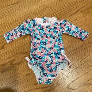Ruffle Butts Pink and Blue Floral Baby Swimsuit Size 0-3 Months